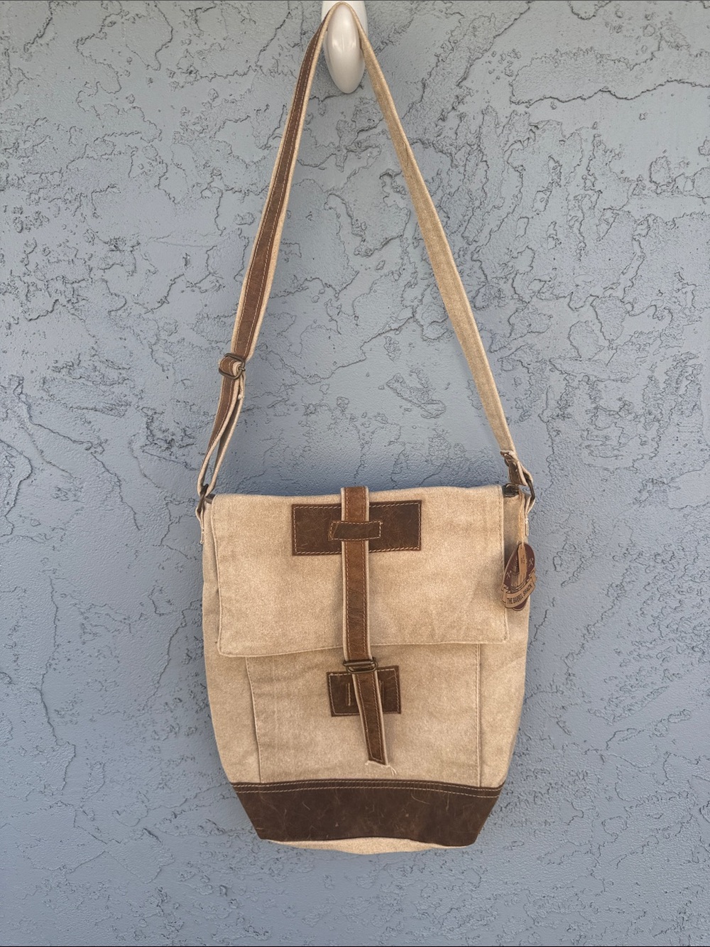 The Barrel Shack The Pat Brown Leather Tan Canvas Crossbody Messenger Bag NWT